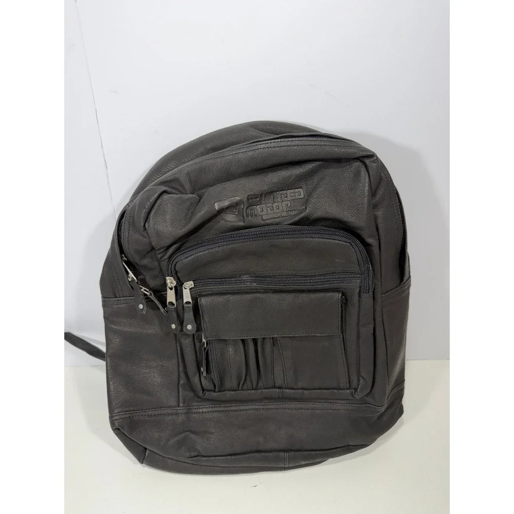 New United Motor Manufacturing Black Leather Backpack Multi Pocket YKK Zipper